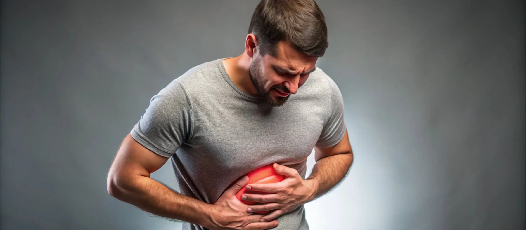 A man holding his abdomen, with the area highlighted in red
